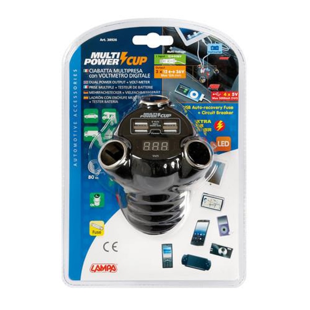 Quadruple USB charger with voltmeter & 3 sockets 4 Quadruple USB charger with voltmeter & 3 sockets - Image 2